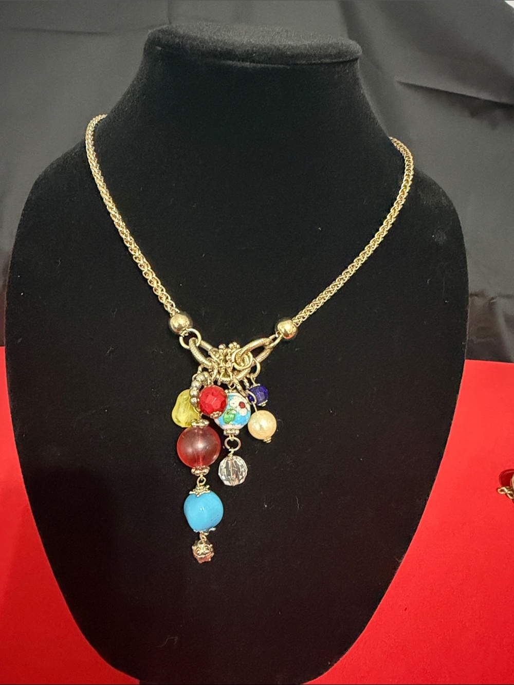 Gold-Tone Chain Necklace with Multicolor Bead Cluster Pendant